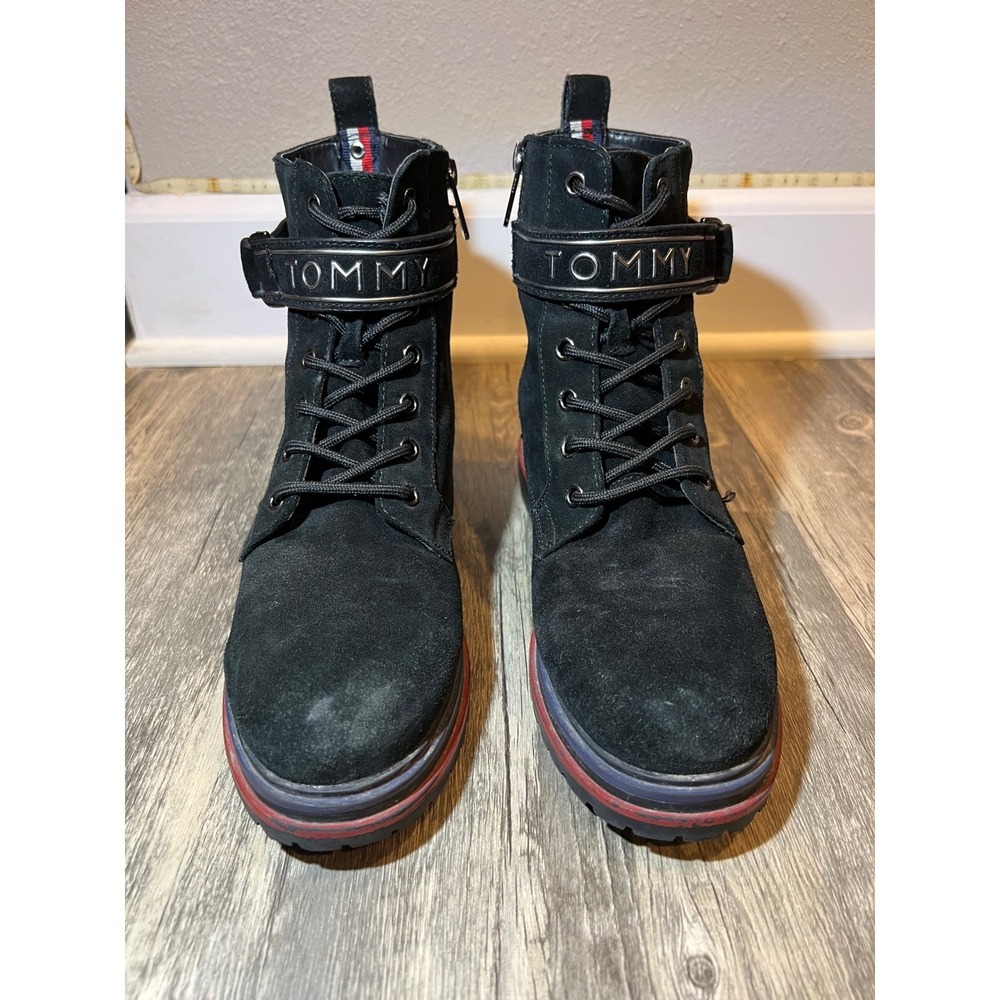 Tommy Hilfiger Black Suede Combat Boots Women's 9 Moto Lace-Up Zipper Ankle - Picture 2 of 8
